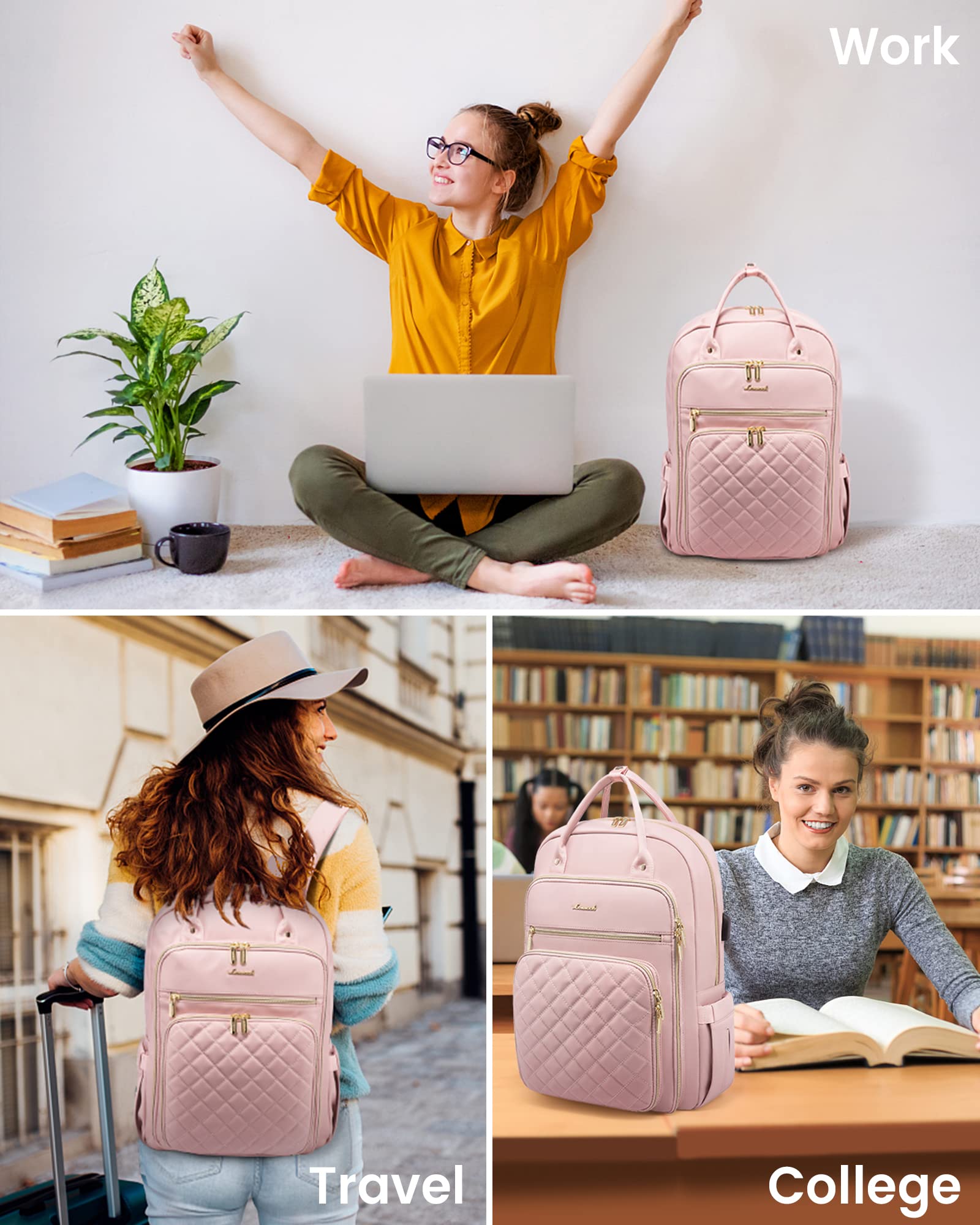 LOVEVOOK Laptop Backpack for Women, 15.6 Inch Computer Backpack for Teacher Nurse with Water Resistant, Lightweight Travel Work Backpack with USB Charging Port, Quilted Commuter Backpack purse, Pink
