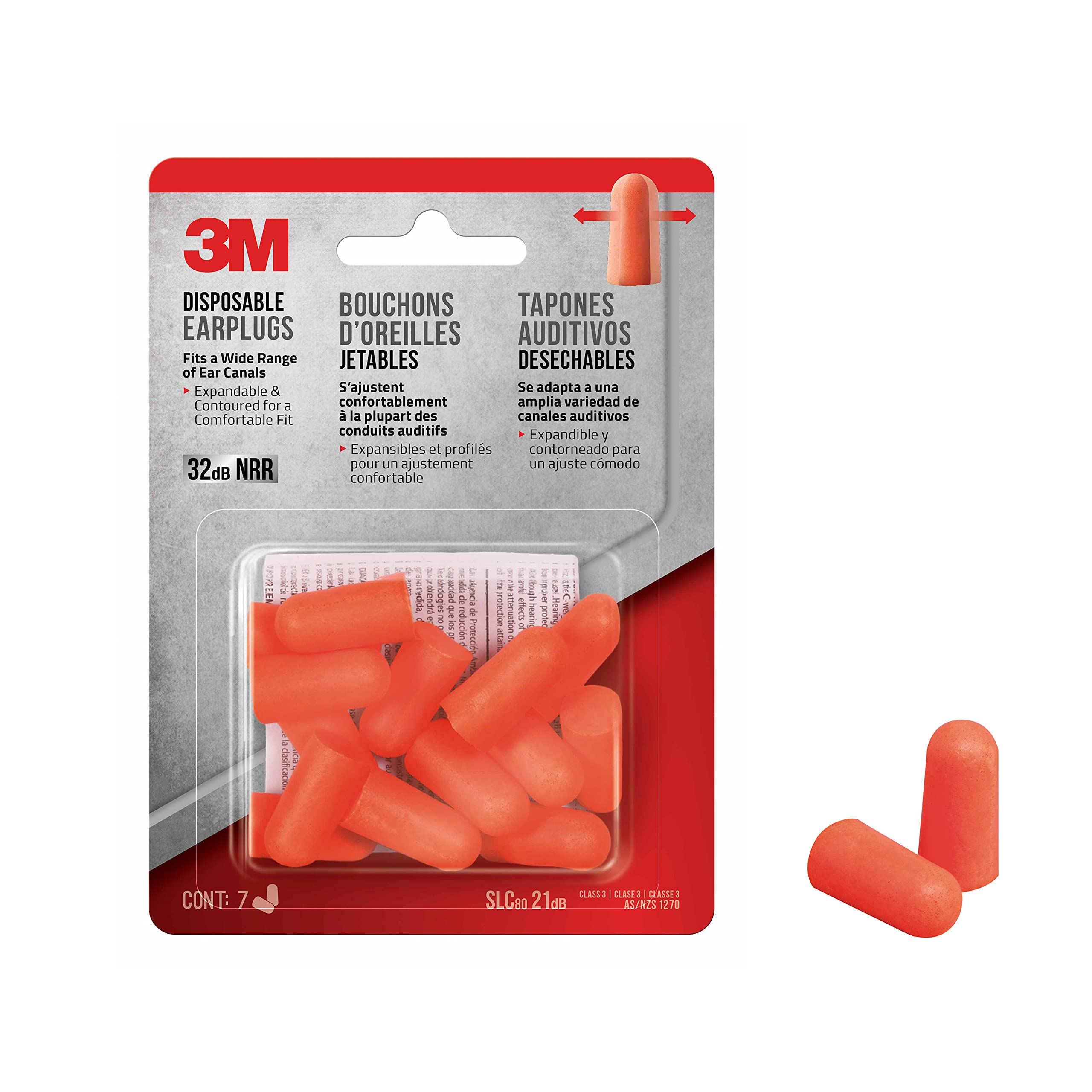 3M Disposable Earplugs, Lightweight and Pliable Ear Plugs, NRR 32dB, 7-Pair