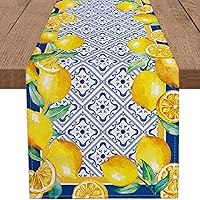 Summer Lemon Table Runner Navy Blue Tile Burlap Artificial Lemon Fruit Table Runners Farmhouse Coffee Table Center Decor for Home Kitchen Dining Room Party Patio Indoor Outdoor 13x108 Inch