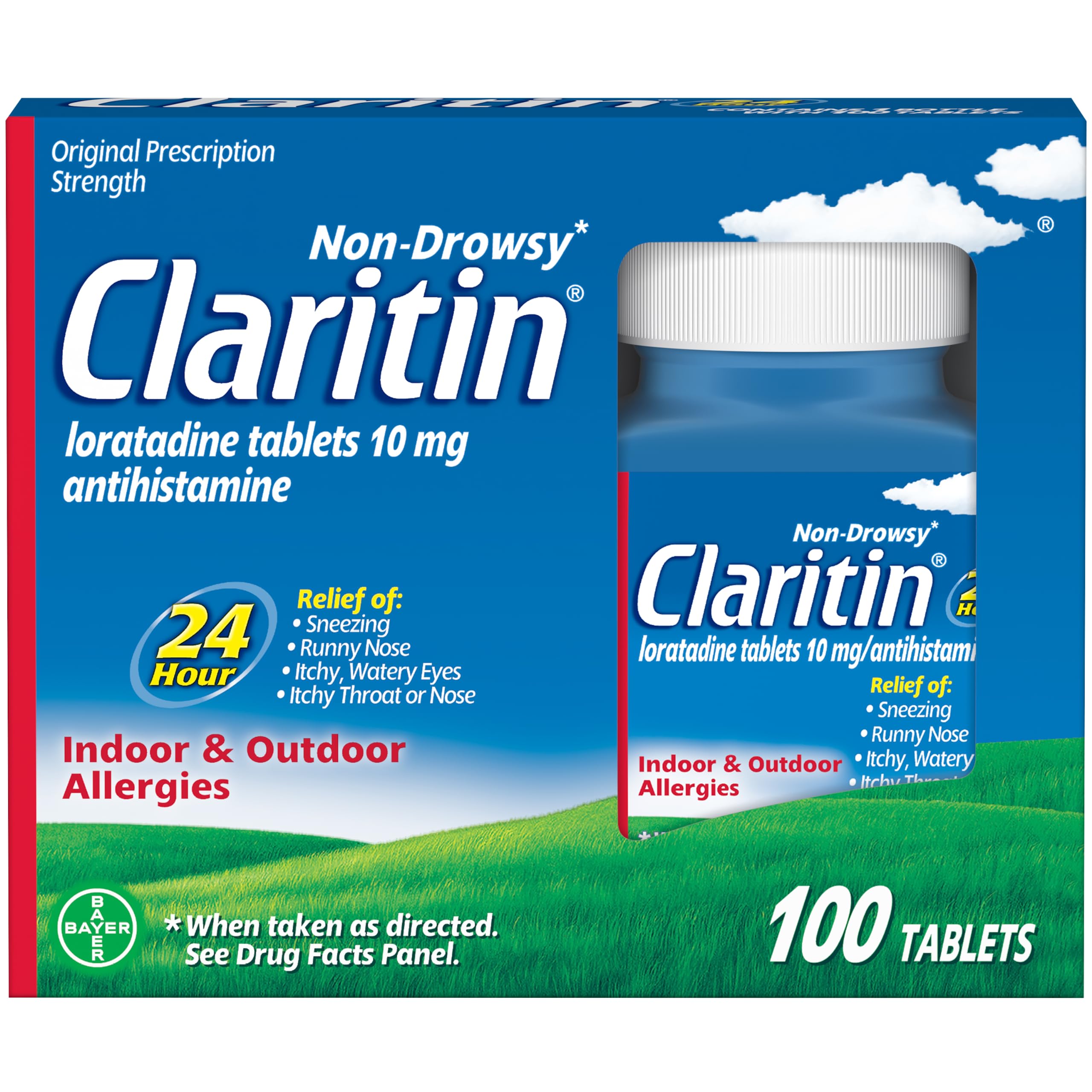 Claritin 24 Hour Allergy Medicine, Non-Drowsy Prescription Strength Allergy Relief, Loratadine Antihistamine Tablets For Over 200 Indoor and Outdoor Allergens, Adult Tablets, 100 Count (Pack of 1)