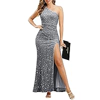 IMEKIS Women One Shoulder Velvet Sequins Prom Bodycon Long Maxi Dress Sparkly Sleeveless Side Slit Party Prom Gown