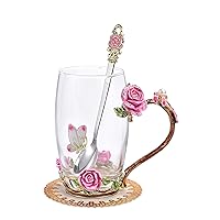 SUQ I OME Enamel Rose and Butterfly Flower Glass Tea Cup Glass Birthday Gifts For Women Mother Teacher Classmate Sister Wife with Spoon Beautiful Rose Flower Butterfly Christmas Valentines Wedding Day