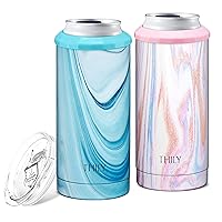 Vacuum Insulated Skinny Can Cooler for Slim Beer & Hard Seltzer, THILY Stainless Steel Drink Holder for 12 oz Slim Cans | Triple Insulated Travel Mug with Lid, 2 Pack(Pink Ripple + Blue Swirl)