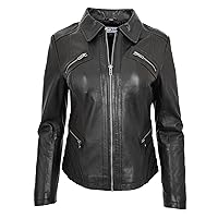 DR223 Women's Classic Leather Biker Zip Box Jacket Black