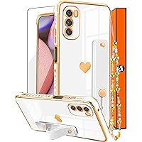 Likiyami (3in1 for Moto G 5G 2022 Case Heart for Women Girls Girly Cute Pretty with Stand Phone Cases White and Gold Plating Love Hearts Aesthetic Cover+Screen+Chain for Motorola Moto G 5G 2022 6.5
