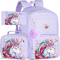 gxtvo 3PCS Unicorn Backpack for Girls, Water Resistant Aesthetic Bookbag with Lunch Box, 17 Inch Cute Anti Theft School Bag Set for College Teenagers Senior Junior Elementary - Purple Unicorn