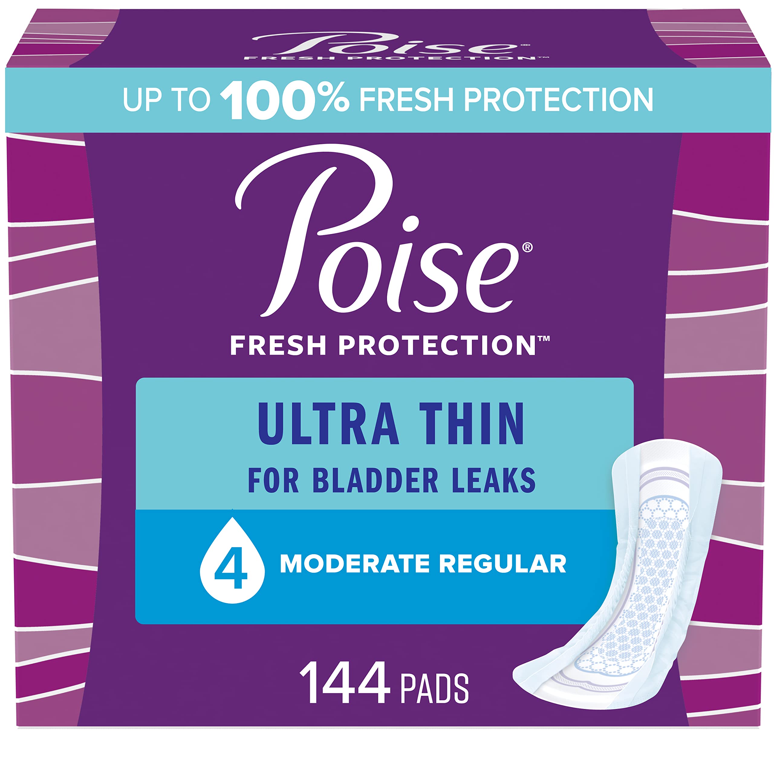 Poise Ultra Thin Incontinence Pads & Postpartum Incontinence Pads, 4 Drop Moderate Absorbency, Regular Length, 144 Count, Packaging May Vary