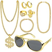 Dreamtop Hip Hop Costume Kit, 80s 90s Accessories Outfit for Men Hip Hop Rapper Costume Accessories Bucket Hat Fake Gold Chain Dollar Sign Necklaces Rings Sunglasses