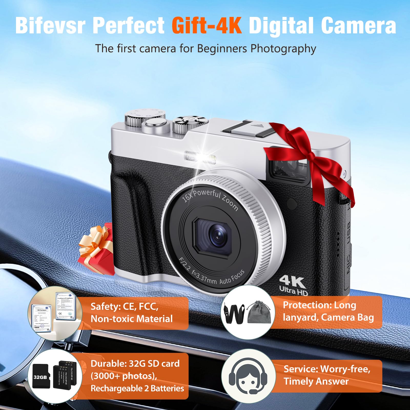 Bifevsr 4K Digital Camera with SD Card, 48MP Vlogging Camera with Viewfinder Flash Dial, Camera for Photography and Video Autofocus, Portable Travel Camera, 16X Zoom Anti-Shake Small Digital Camera