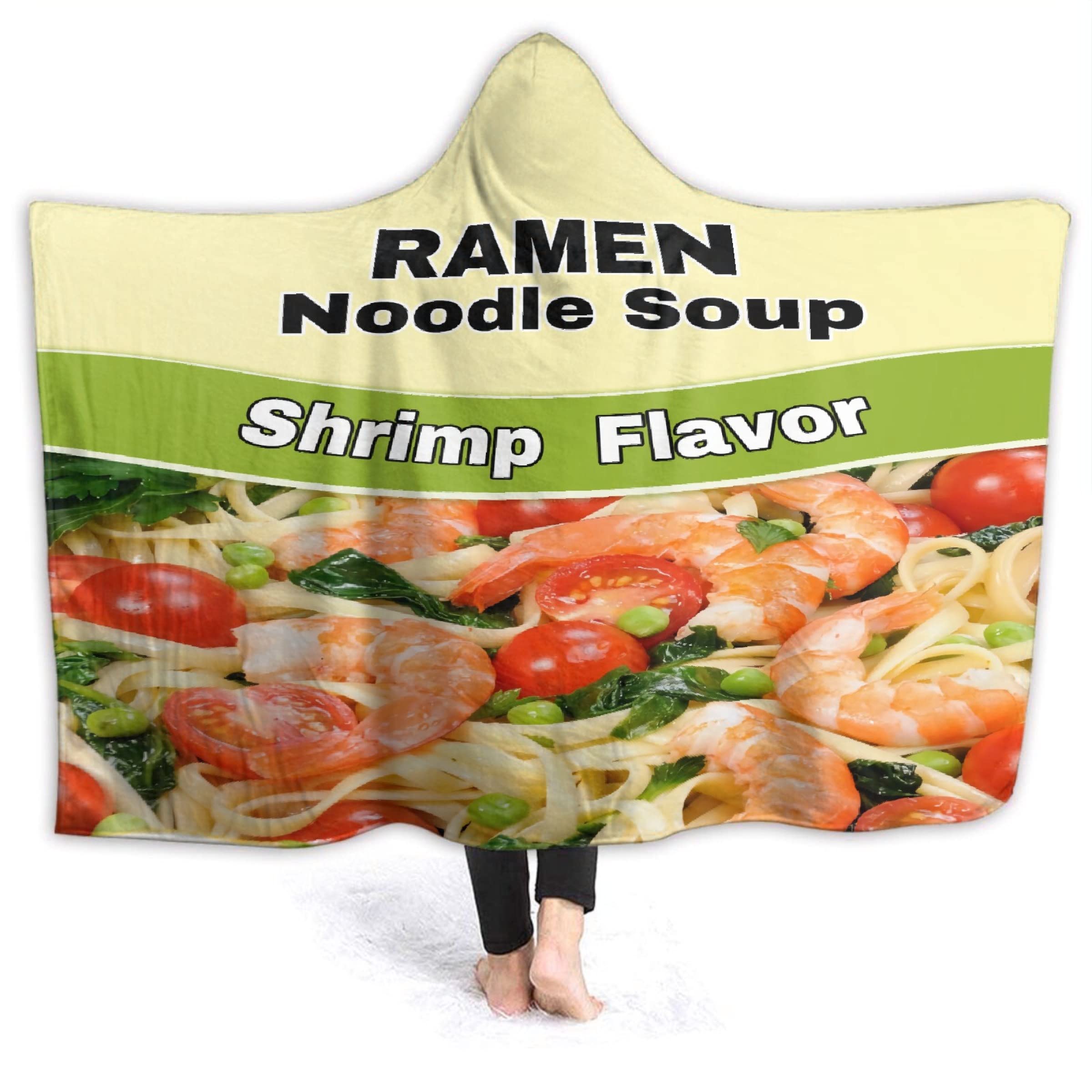 Wearable Hooded Blanket for Women Men,Super Soft Plush Ramen Noodle Soup Shrimp Flavor Cloak Wrap Blanket Cozy Fluffy Hoodie Throw for Sofa Couch T...