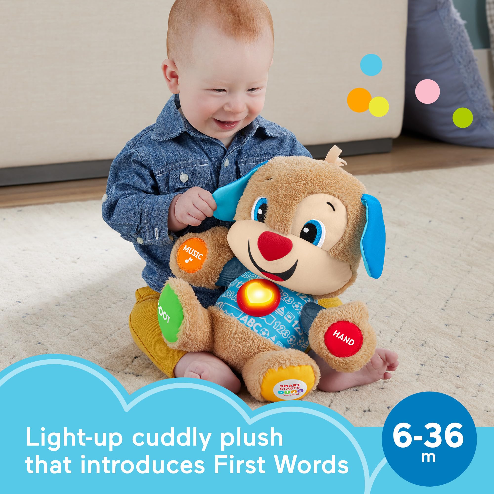 Fisher-Price Laugh & Learn Baby Learning Toy, Smart Stages Puppy Musical Plush with Lights & Educational Content for Ages 6+ Months (Amazon Exclusive)
