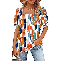 OFEEFAN Women's Pleated Puff Sleeve Tops Square Neck Shirts Loose Fit S-3XL