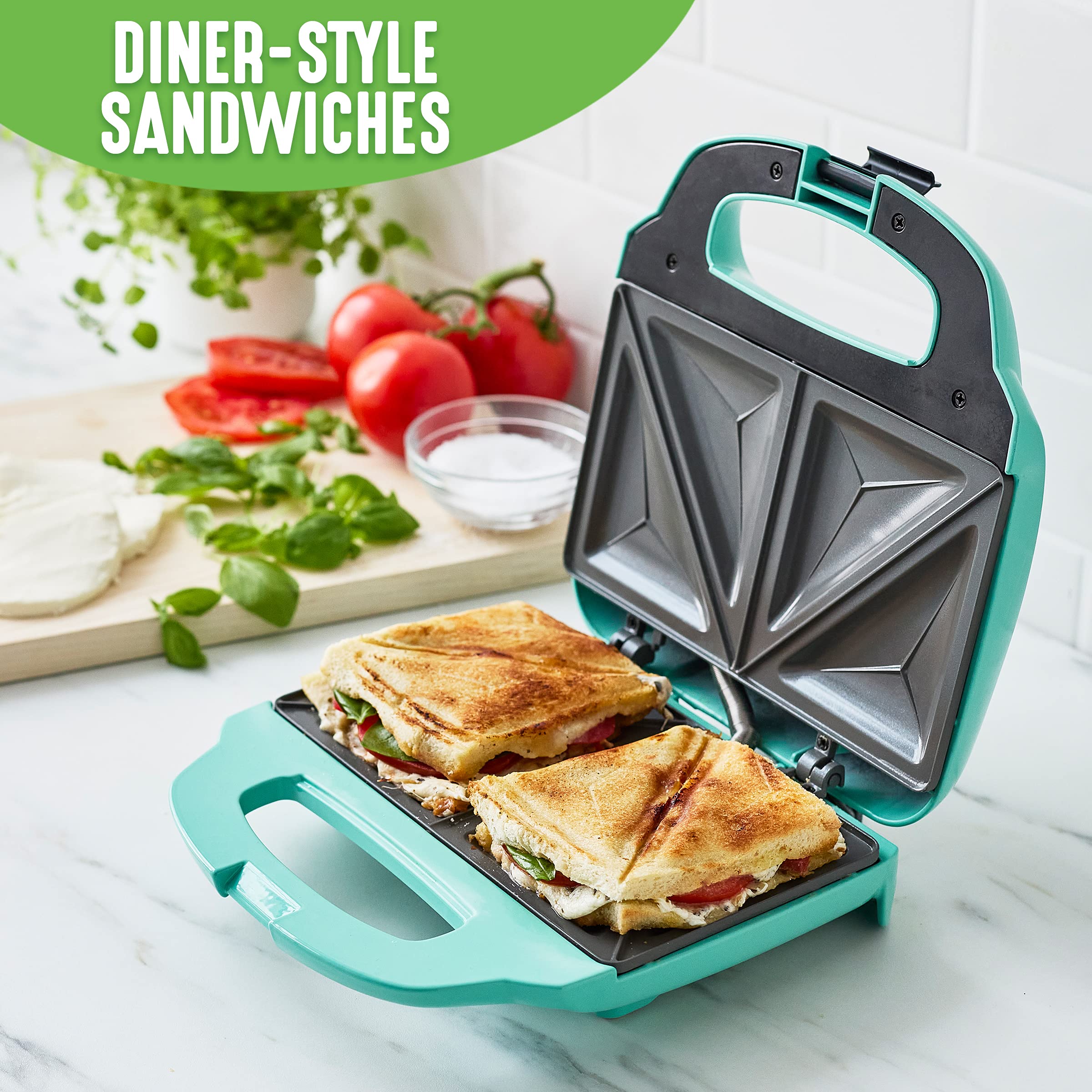 GreenLife Pro Electric Panini Press Grill and Sandwich Maker, Healthy Ceramic Nonstick Plates, Easy Indicator Light, PFAS-Free, Turquoise