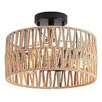 3-Light Coastal Woven Flush Mount Light Fixture Boho Rustic Hemp Rope Drum Semi Flush Mount Ceiling Light for Hallway Bedroom Kitchen Entryway Farmhouse Living Room, Black