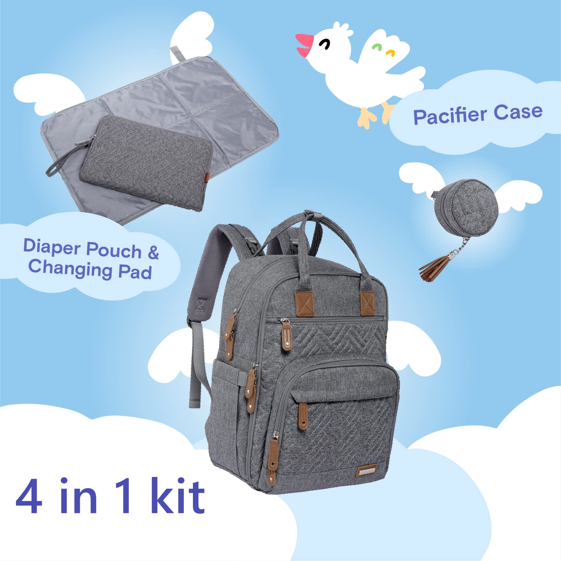 iniuniu Diaper Bag Backpack, 4 in 1 kit Large Unisex Baby Bags for Boys Girls, Waterproof Travel Back Pack with Diaper Pouch, Washable Changing Pad, Pacifier Case and Stroller Straps, Dark Gray