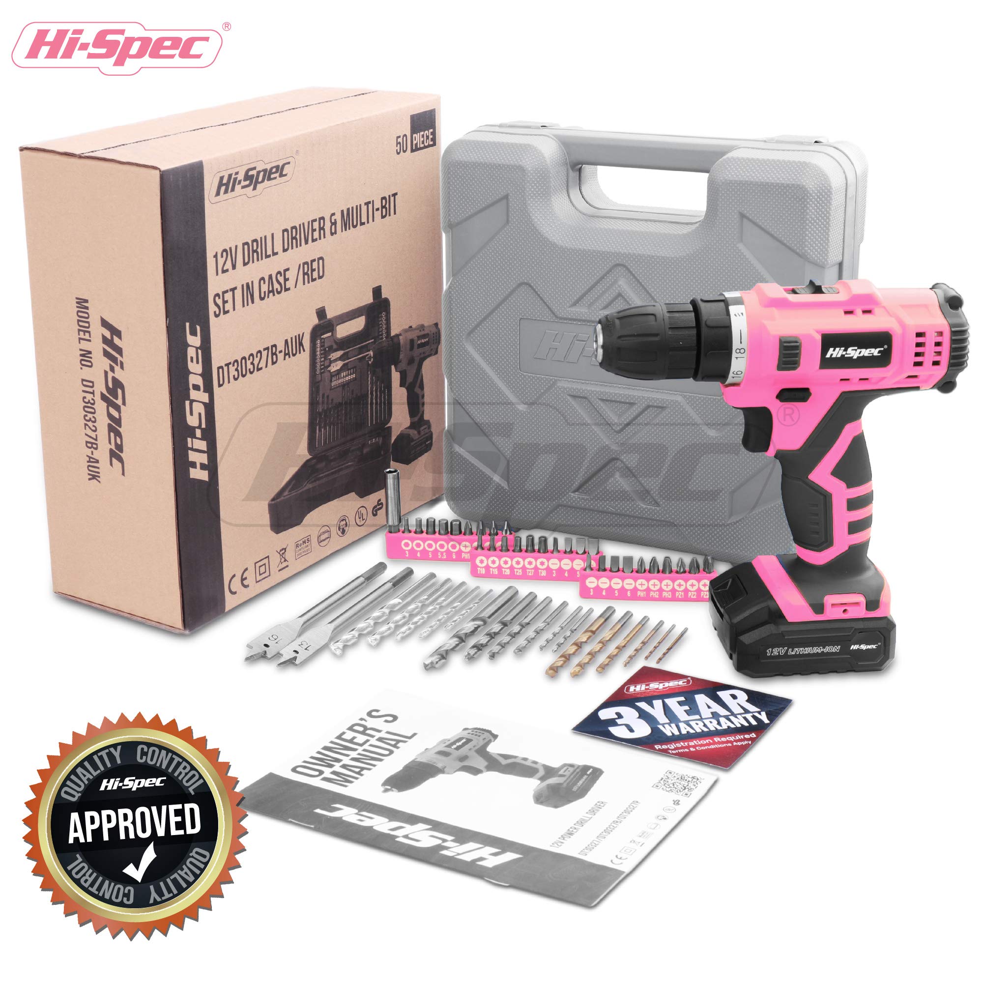 Hi-Spec 50pc 12V Cordless Drill Driver Set - Portable Tool Box and Bit Set for DIY Projects, Home Repair, and Professional Use, for Women and Beginners