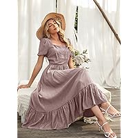 Dresses for Women Women's Dress Ruffle Hem Puff Sleeve Dress Dresses (Color : Dusty Pink, Size : X-Small)