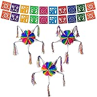 Mexican Piñata (SMALL 3 Pack) + Mini Papel Picado Banner (Set of 2) - Authentic Handmade Foldable Small Pinatas - Papel Picado Small - Fiesta Birthday Party Decorations
