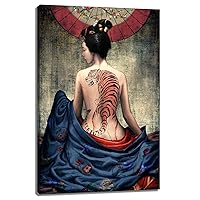 TiuAuiT Japanese Woman Canvas Art Tiger Tattoo Painting Pictures Vintage Prints Artwork for Living Room Bedroom Stretched and Framed Ready to Hang 24