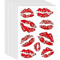 10Sheets Valentines Temporary Tattoos, Red Fake Lips Stickers, Self-adhesive Waterproof Black Kiss Stickers for Adult Women Girls Face Body Decorations, 3.6