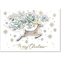 Punch Studio Winter Greens Deer Dimensional Holiday Boxed Cards Featuring 12 Embellished Cards and Envelopes (45428), multi