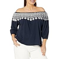 Tommy Hilfiger Women's Plus Off Shoulder Floral Neckline 3/4 Sleeve Shirt