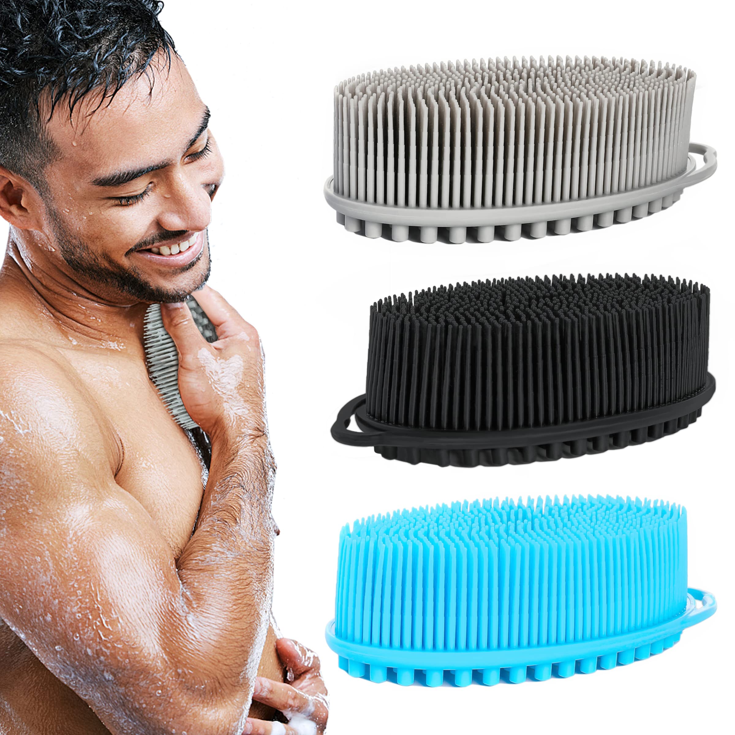Silicone Loofah Exfoliating Body Scrubber Set of 3 Soft Bath Sponge/Shower Brush for Sensitive Kids Women Men All Kinds of Skin (Black/Gray/Blue)