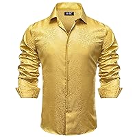 Hi-Tie Men's Woven Silk Dress Shirt Button Down Casual Jacquard Shirts Long-Sleeve Shirt Prom Wedding Regular Fit