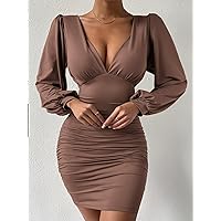 Dresses for Women Deep Neck Lantern Sleeve Ruched Bodycon Dress (Color : Coffee Brown, Size : X-Small)