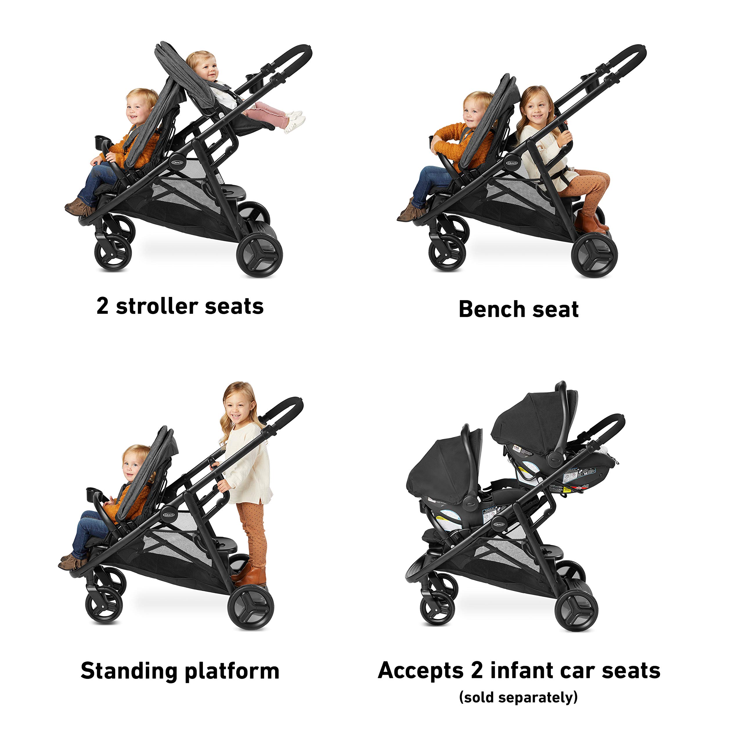Graco Ready2Grow LX 2.0 Double Stroller Features Bench Seat and Standing Platform Options, Clark