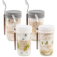 4 Pack Overnight Oats Containers with Airtight Lids and Spoons, 21oz Glass Mason Jars with Measurement Marks, Oatmeal Jars for Cereal, Yogurt, Milk, Salads, Fruit, 2 Grey+2 White (Large)