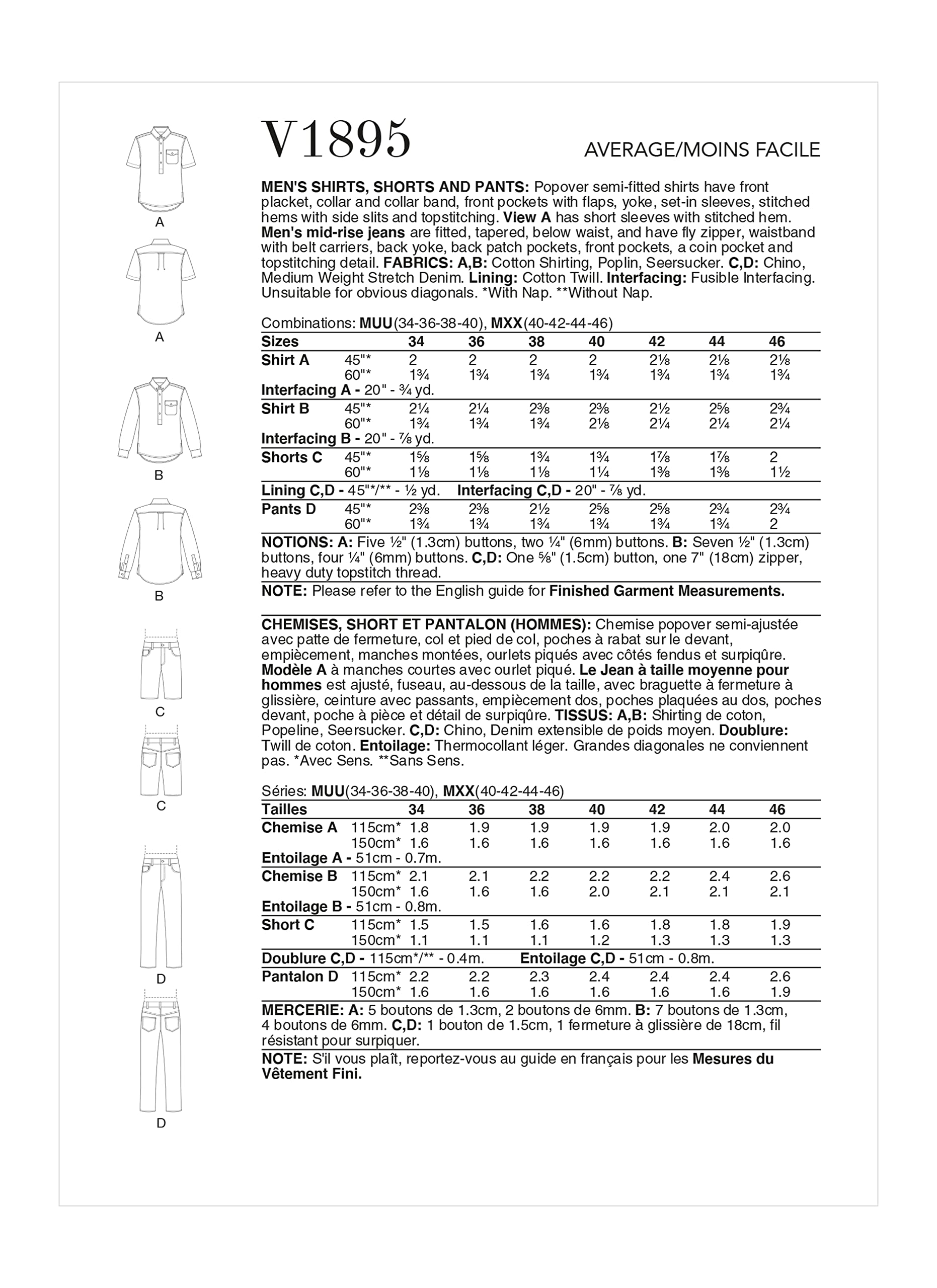 Vogue Men's Semi-Fitted Shirt, Shorts, and Mid-Rise Jeans Sewing Pattern Kit, Design Code V1895, Sizes 34-36-38-40