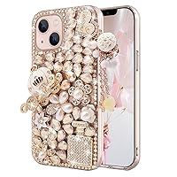 Guppy Compatible with iPhone 13 Case for Women Luxury 3D Bling Sparkle Crystal Rhinestone Diamond Pearl Handmade Pumpkin Car Flowers Pendant Soft Bumper Protective Cover 6.1 inch Champagne
