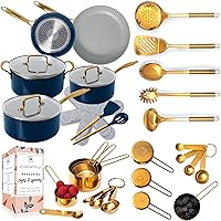 Blue Pots and Pans Set Nonstick with Gold Cooking Utensils Set - 28 Pieces Gold Kitchen Accessories Include Blue and Gold Cookware, Stainless Steel Gold Utensils Set & Gold Measuring Cups and Spoons