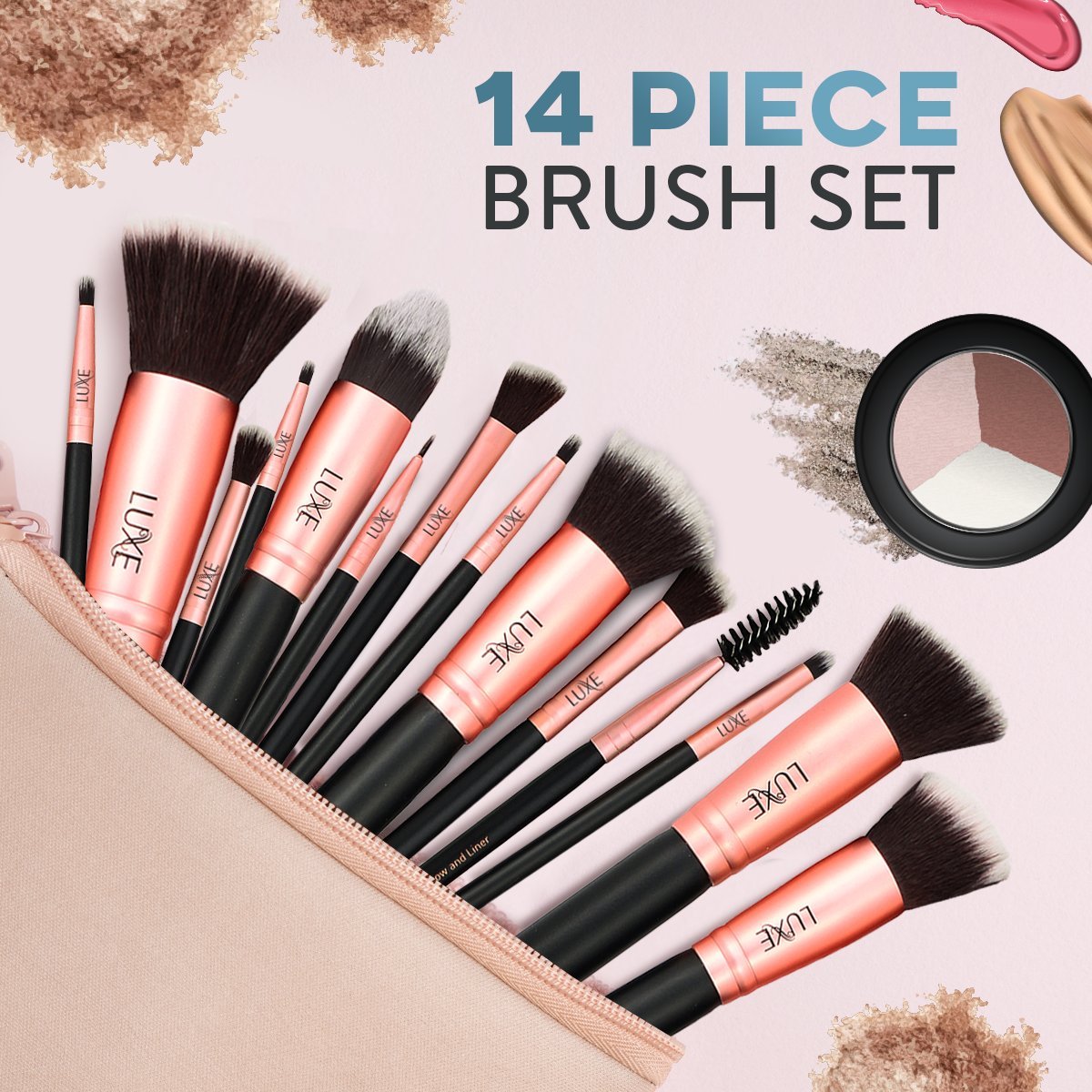 Luxe Premium Makeup Brushes Set for Face and Eye - Synthetic Brushes for Foundation, Powder, Blush, Eyeshadow - Brush Cleaning Solution Included - Perfect Make Up Brushes Kit, Beauty Brush Set (14pc)