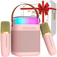 Mini Karaoke Machine with 2 Wireless Microphones, Karaoke Machine for Kids and Adults with LED Ambience Light, Suitable for Home, Birthday Party, Church, Outdoor/Indoor Events (Pink)