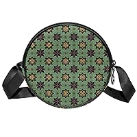 Floral Flower Vintage Green Crossbody Bag for Women Teen Girls Round Canvas Shoulder Bag Purse Tote Handbag Bag