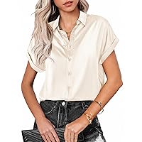 Zeagoo Silk Blouse for Women Short Sleeve Satin Button Down Shirts Casual Loose V-Neck Business Work Tunic Top
