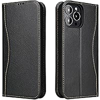 Genuine Leather Case for iPhone 15 Pro Max/15 Pro/15 Plus/15, Handmade Genuine Leather Cover and Shockproof TPU Inner Shell with Card Slots [Magnetic Closure],Black,iPhone15