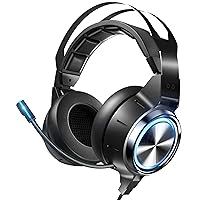 Ultralight Gaming Headset PS4 Headset with 7.1 Surround Sound, Noise Cancelling Mic Flowing Gaming Headphone with LED Soft Memory Earmuffs-Works for Xbox One PS5 PS4 Controller PC Laptop