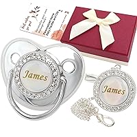 Personalized Pacifier and Pacifier Clip with Name, Bling Silver Pacifier Clip Set with Gift Box Greeting Card, Glitter Crystal Luxurious Dummy Gift for Boys Baby Shower Newborn Photography(Silver)