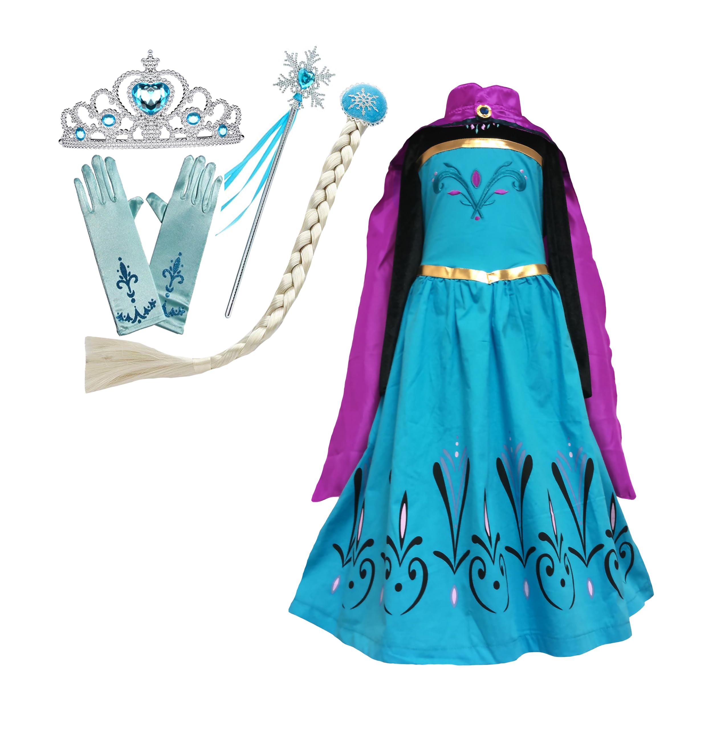 Cokos Box Girls Coronation Dress Costume Cape Gloves Tiara Crown Accessories Kids Set (Multicolored, 6 Years)