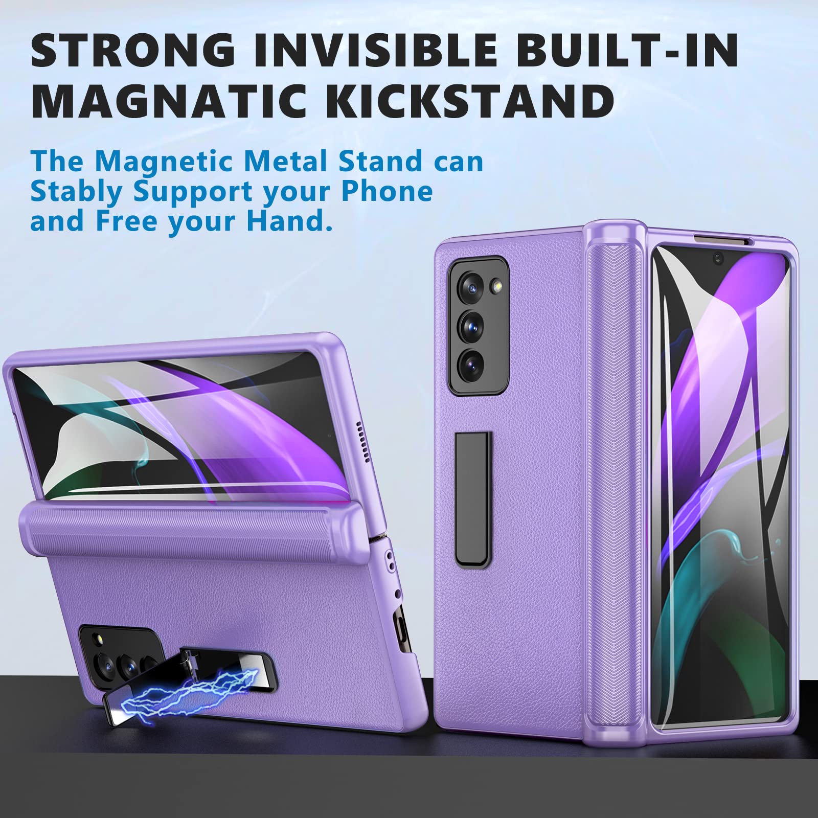 Vihibii for Galaxy Z Fold 2 5G Case with Hinge Protection, Z Fold 2 Phone Case with Screen Protector & Kickstand for Women Girls, Luxury Leather Protective Case for Samsung Galaxy Z Fold 2 (Purple)