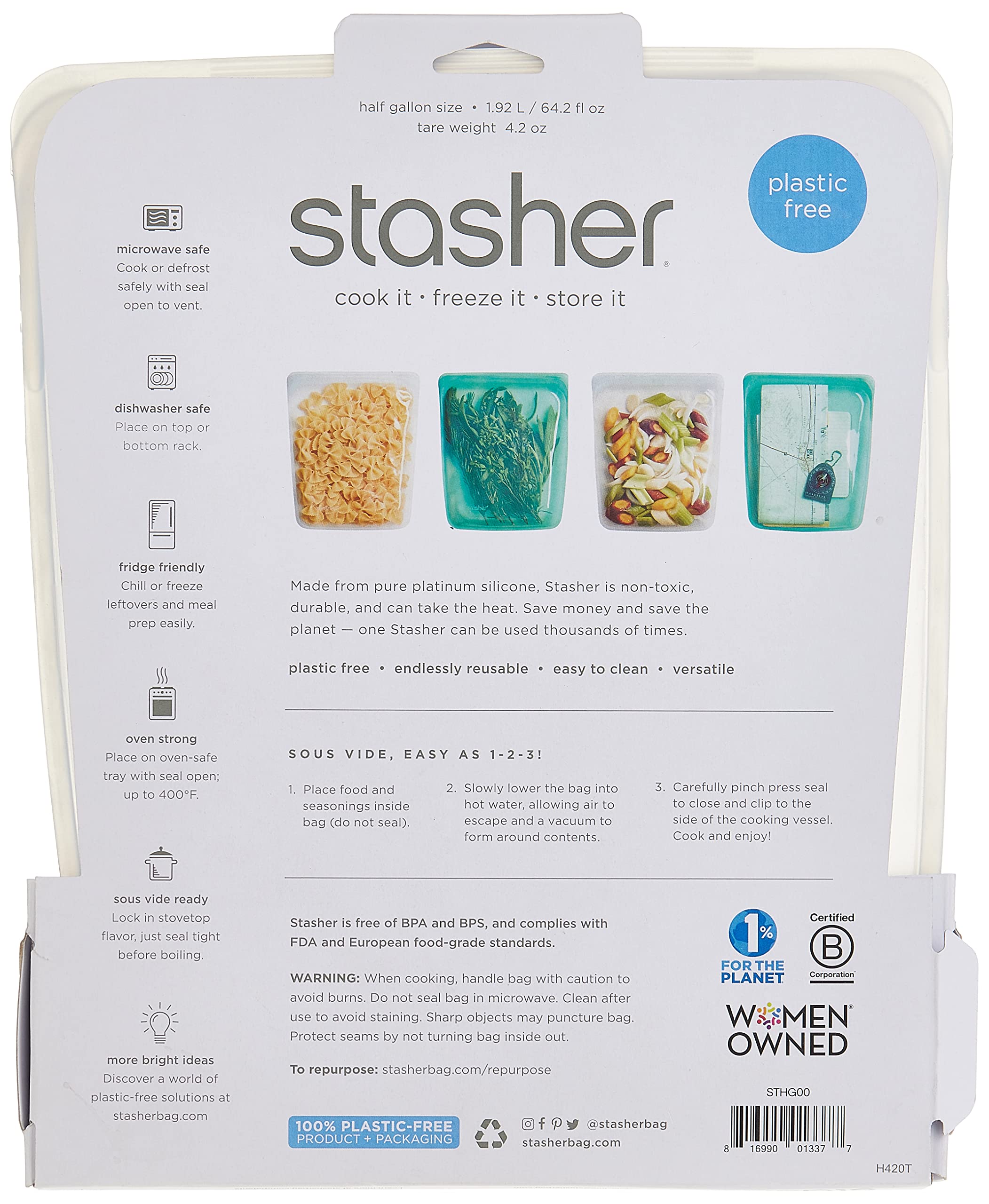 Stasher Reusable Silicone Storage Bag, Food Storage Container, Microwave and Dishwasher Safe, Leak-free, 1/2 Gallon, Clear