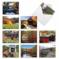 The Best Card Company - 10 Beautiful Note Cards Blank (4 x 5.12 Inch) - Fall and Autumn Season, Boxed Notecard Assortment - Covered Bridges M2374OCB