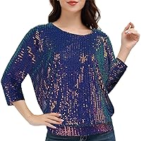 JASAMBAC Women's Sparkle Sequin Tops Shimmer Glitter Loose Cold Shoulder Party Tunic Batwing Dolman Dressy Tops 2XL
