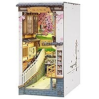 ROBOTIME DIY Book Nook Kit Decorative Bookend Insert Bookcase Book Stand Miniature House Kit with LED Light Creative Gift for Birthdays (Sakura Tram)