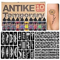 ANTIKE Temporary Tattoo Kit,10 Bottles Temporary Tattoo Ink 0.5oz with 84Pcs Tattoo Stencils,DIY Fake Tattoo for Women Men Kids Body Art Painting ZYH2312333KIT