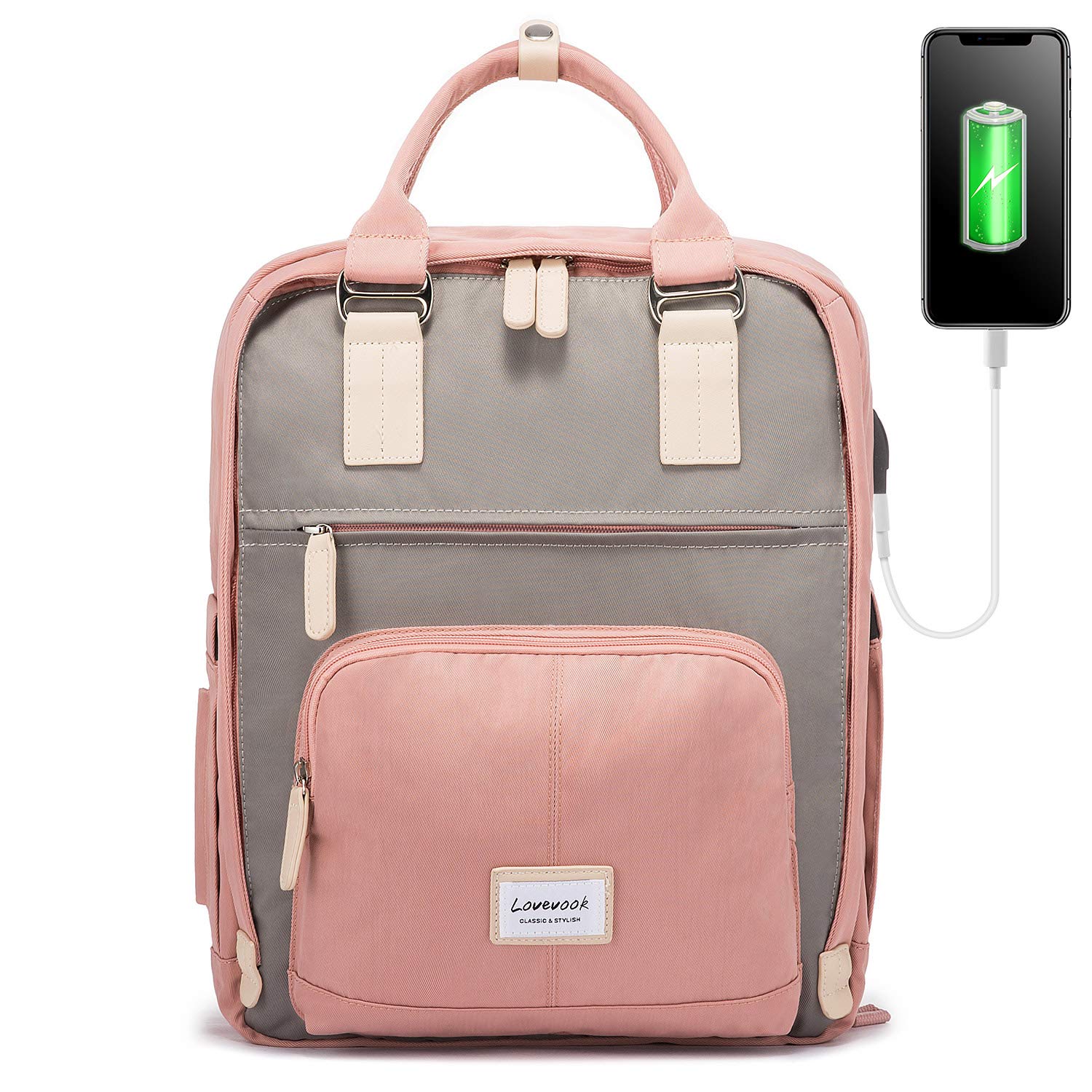 LOVEVOOK School Backpack for Women Cute College Backpack Waterproof Laptop Bookbag with USB Charging Port Vintage Bag 15.6 inch,Pink