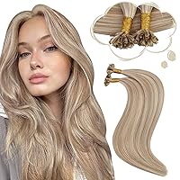 U Tip Hair Extensions Blonde Highlight Pre Bonded Hair Extensions Honey Blonde Mixed With Bleach Blonde Keratin Tip Hair Extensions Human Hair Long 50G 50S 24Inch #P14/613